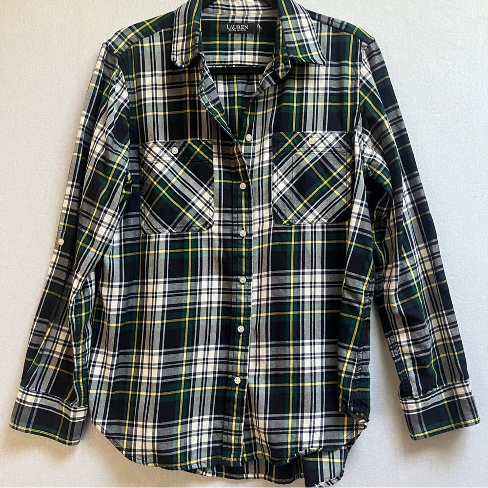 Lauren Ralph Lauren Plaid Button Down Roll-Tab Sleeve Shirt Green Navy